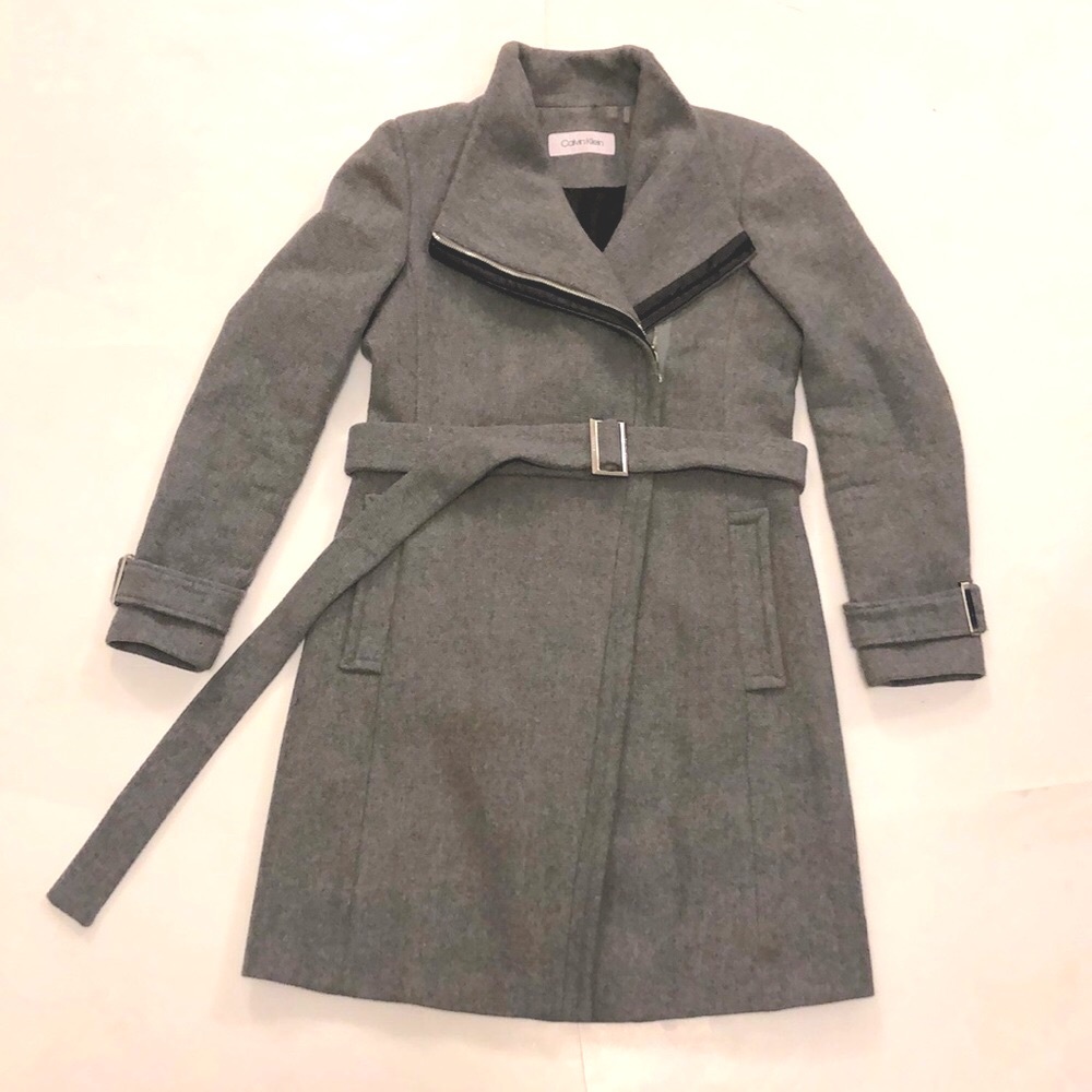 Calvin Klein 2 Jacket Grey 2 Pocket Asymmetrical Zipper Pockets Removable Belt